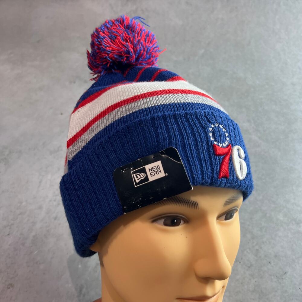 Philadelphia 76ers New Era Beanie Knit Pom Winter NBA Hat Blue Red & White
